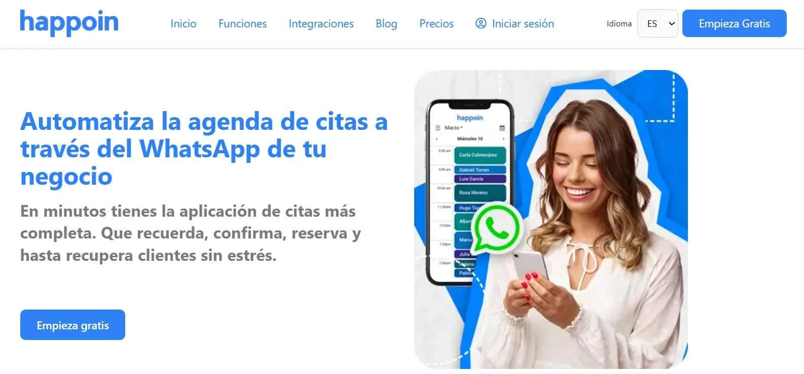 Image of the Happoin website page showing a young woman managing her appointment schedule through WhatsApp.