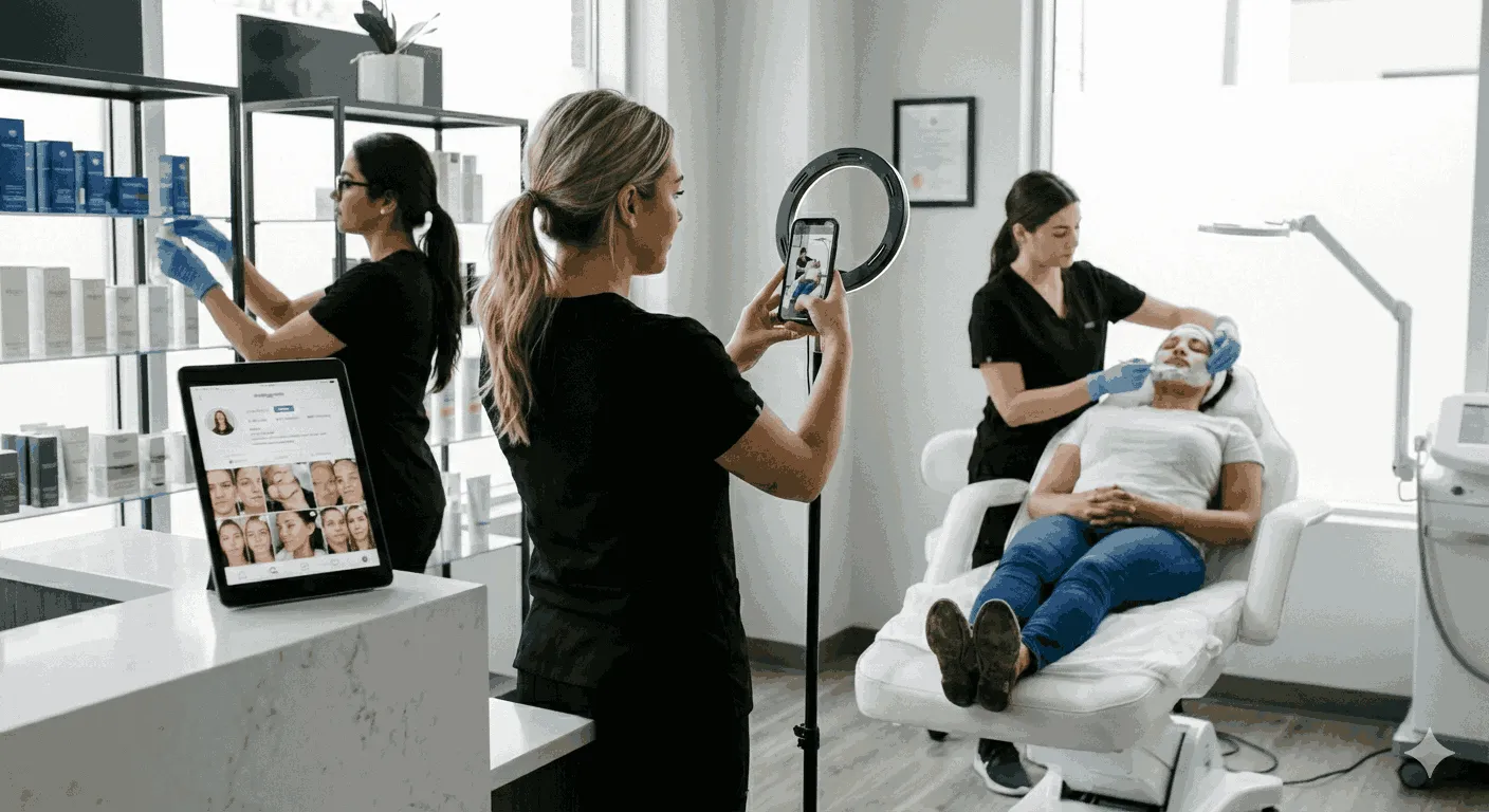 An aesthetic specialist using a ring light and smartphone to record a live facial treatment, with another professional organizing beauty products in the background. Social media marketing content creation scene in a modern aesthetic clinic.