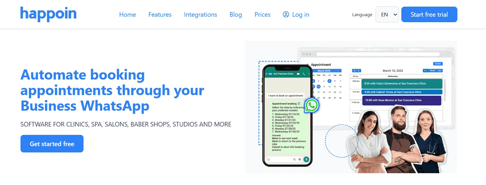 Image of the Happoin homepage showing 3 people who represent business owners managing appointments, along with a view of the Happoin appointment calendar.