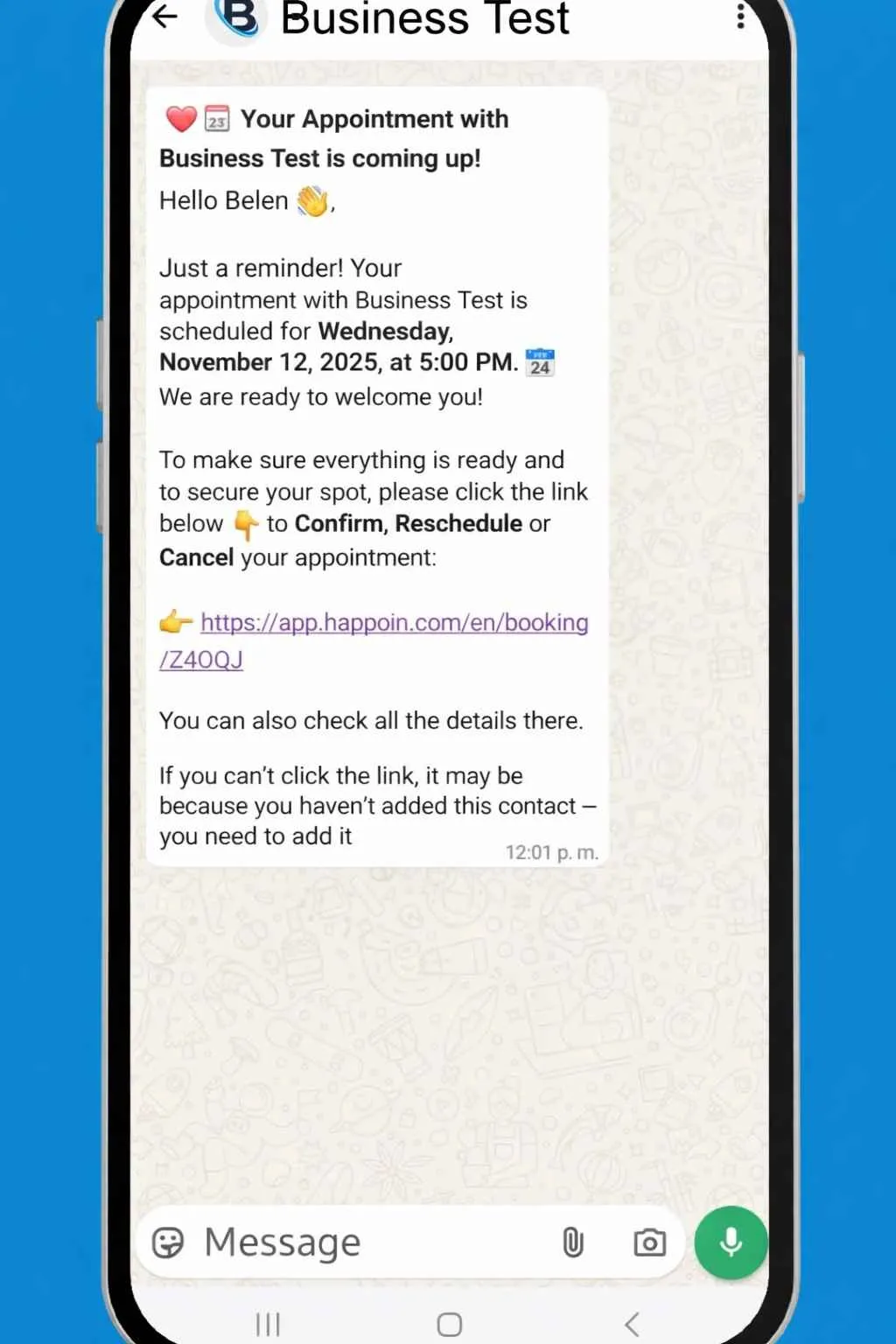 An image of an appointment reminder through whatsapp with a link to confirm or cancel the appointment
