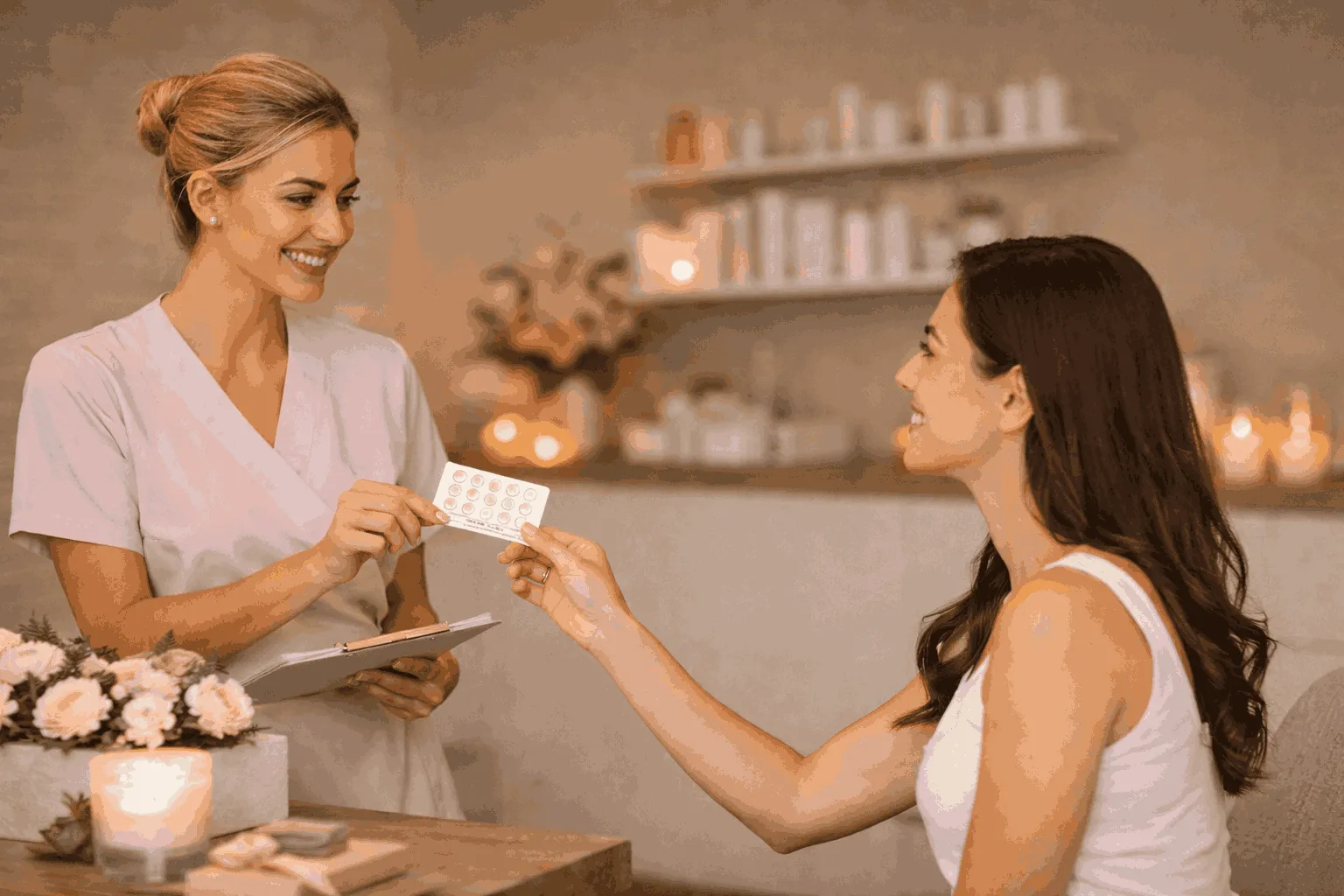 Image in a beauty salon of an employee receiving a card from a smiling client.