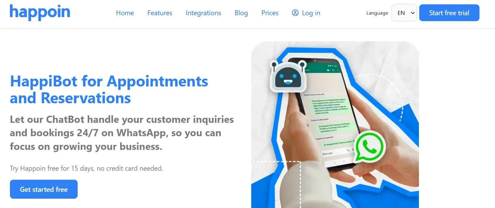 Image of the informational webpage for Happoin's WhatsApp chatbot, showing a hand holding a cell phone with a WhatsApp conversation on screen.