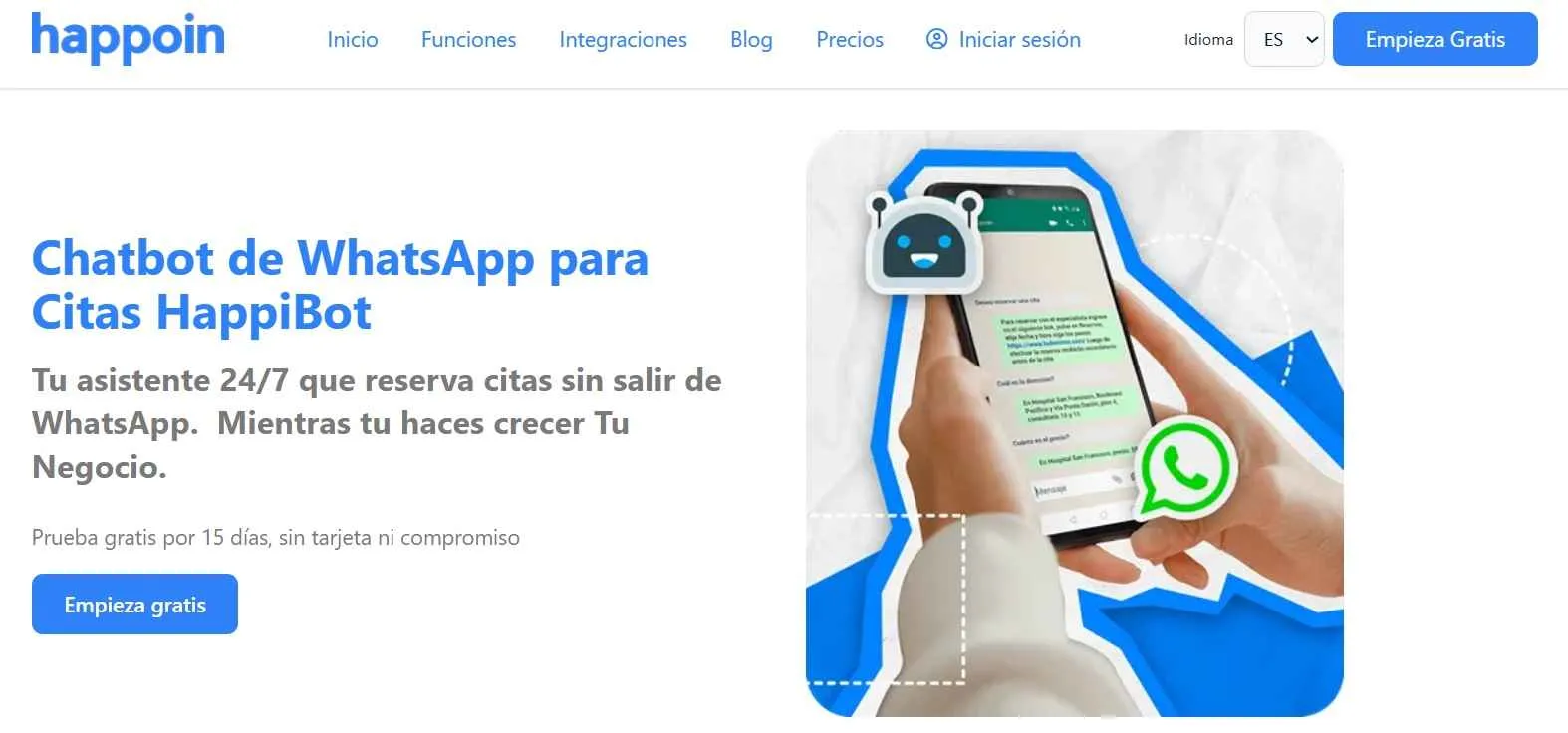 Imagen de pagina web informativa sobre el chatbot HappiBot de Happoin mostrando una mano sosteniendo un celular con respuestas del chatbot