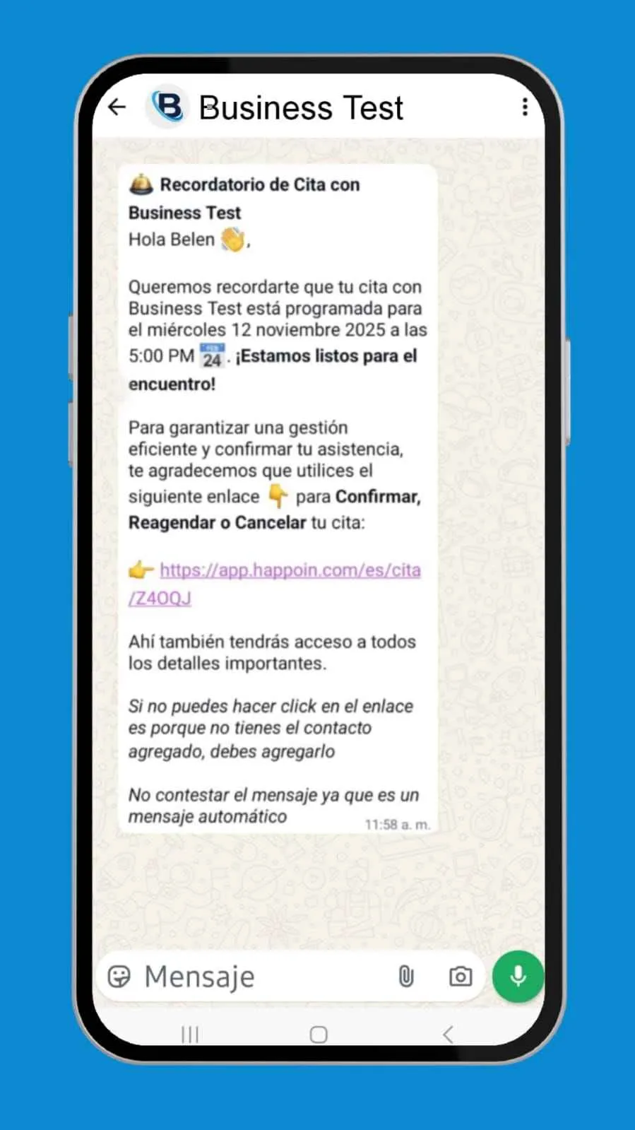 Imagen de ejemplo de mensaje de recordatorio de cita por whatsapp 