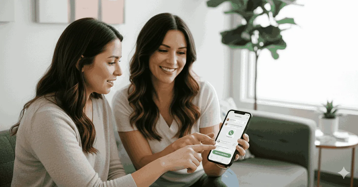 Alt Text: Two smiling women sitting on a couch looking at a WhatsApp conversation on a smartphone showing an appointment confirmation with a green button. Lifestyle image representing WhatsApp Marketing and the ease of booking beauty services digitally.