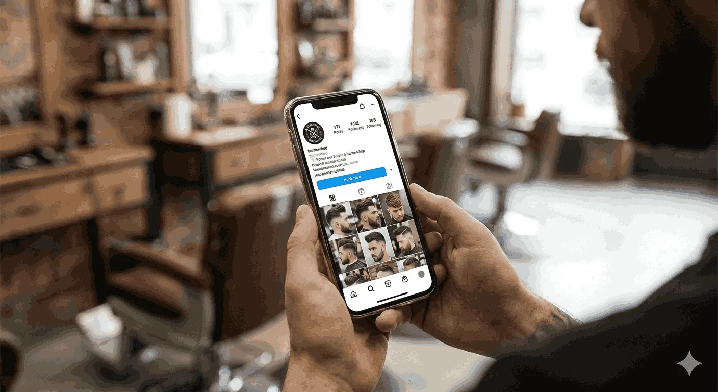 Close-up of hands holding a smartphone displaying a barbershop's Instagram profile with a book button, with a blurred barbershop interior in the background.