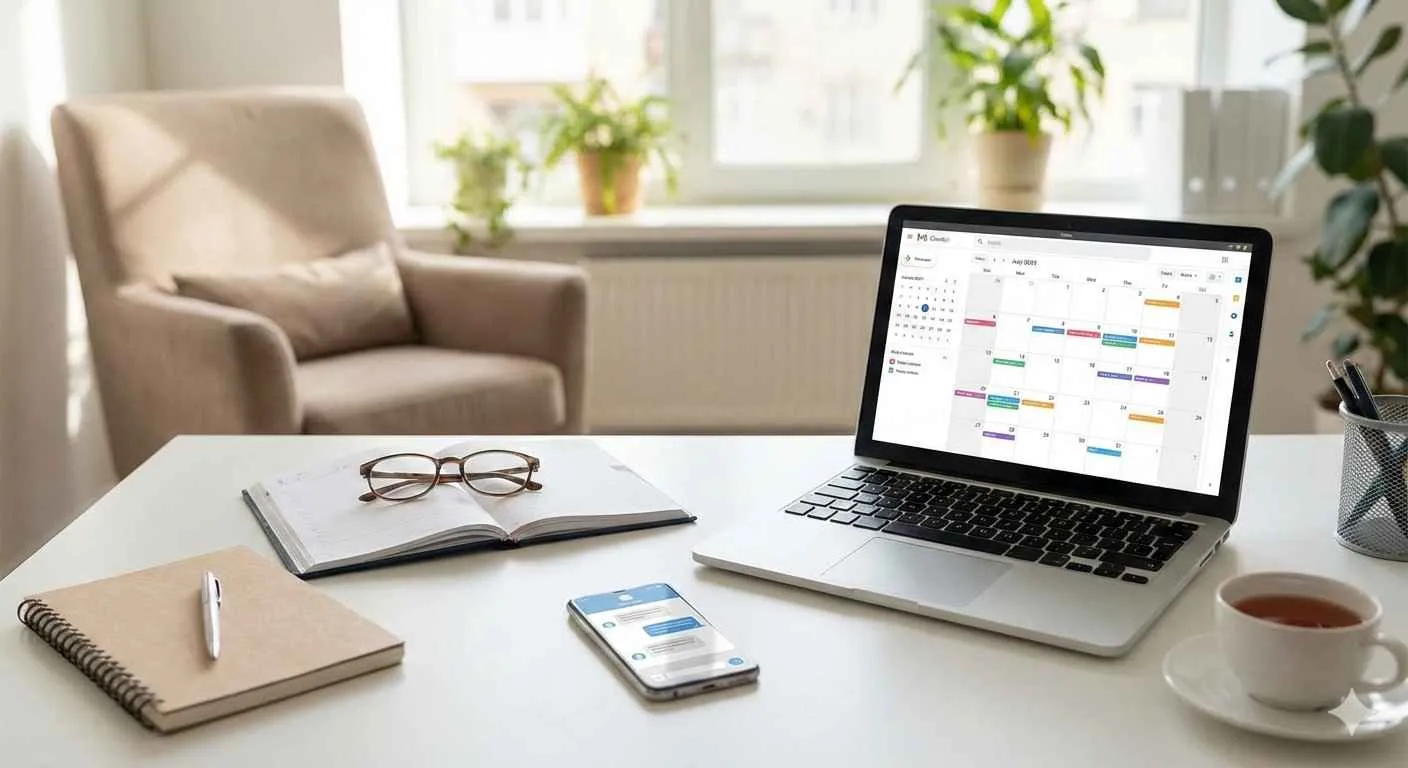 imagen de un consultorio con un escritorio donde se muestra una laptop con agenda de citas, cuaderno de notas, lentes, taza de caf&eacute; y tel&eacute;fono m&oacute;vil