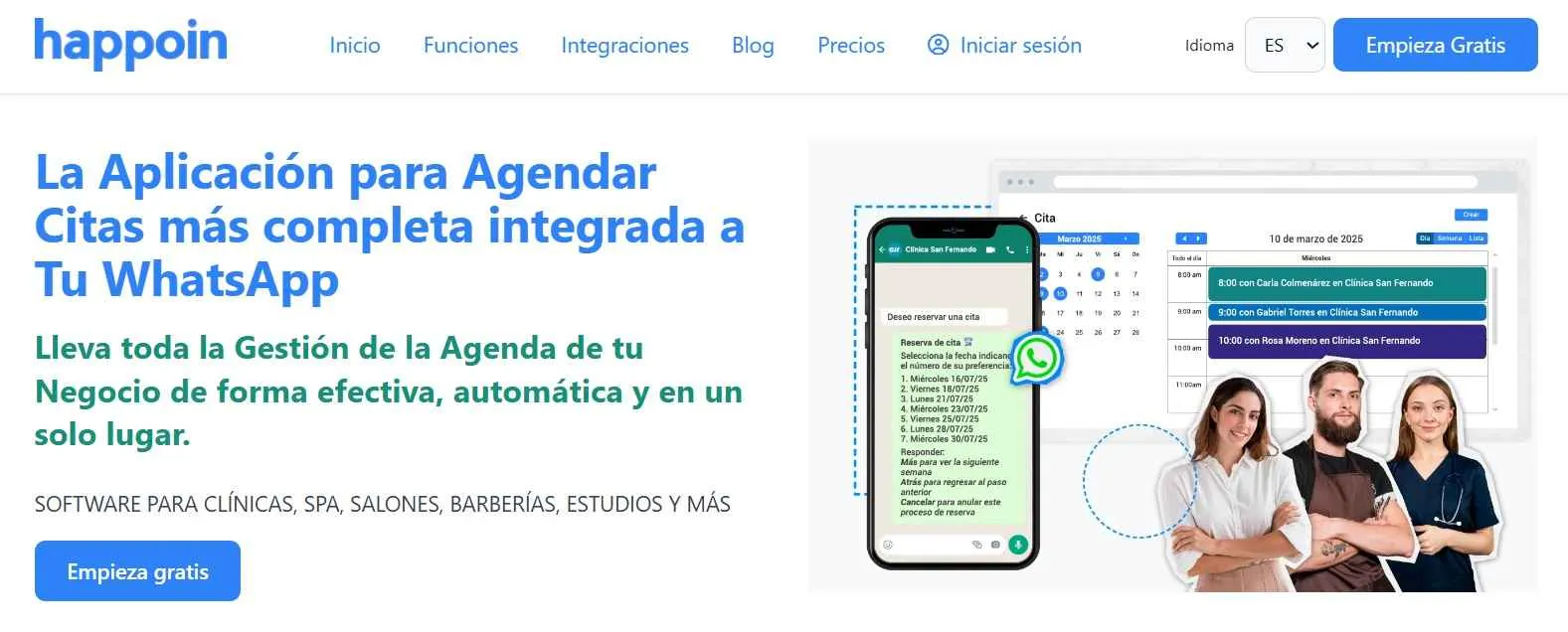 P&aacute;gina web de Happoin, mostrando grupo de 3 due&ntilde;os de negocio representando a una doctora, barbero y esteticista con el fondo de agenda de citas de Happoin y un tel&eacute;fono m&oacute;vil con ejemplos de mensajes automatizados
