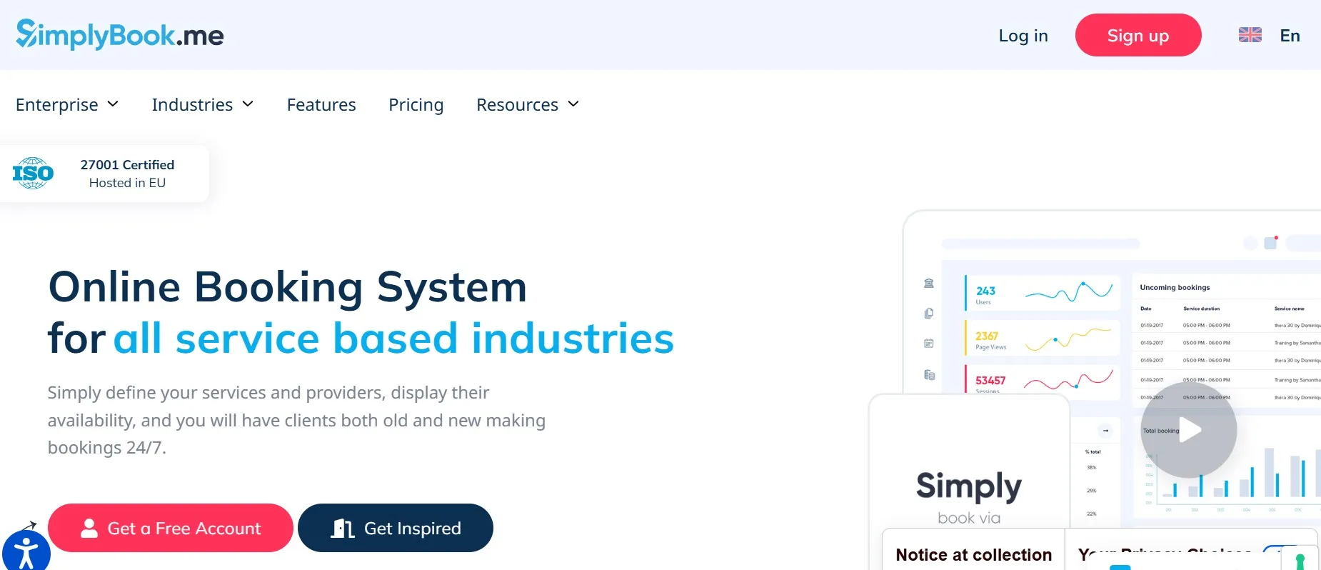 Web page image for the home page simplybookme scheduling software