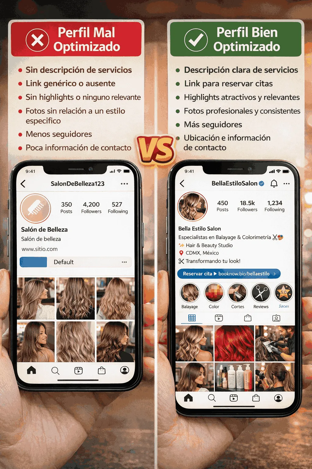 Comparaci&oacute;n de perfiles de Instagram de peluquer&iacute;as: perfil mal optimizado sin informaci&oacute;n clara ni enlace de reservas versus perfil bien optimizado con servicios, ubicaci&oacute;n, highlights y link para agendar citas online.
