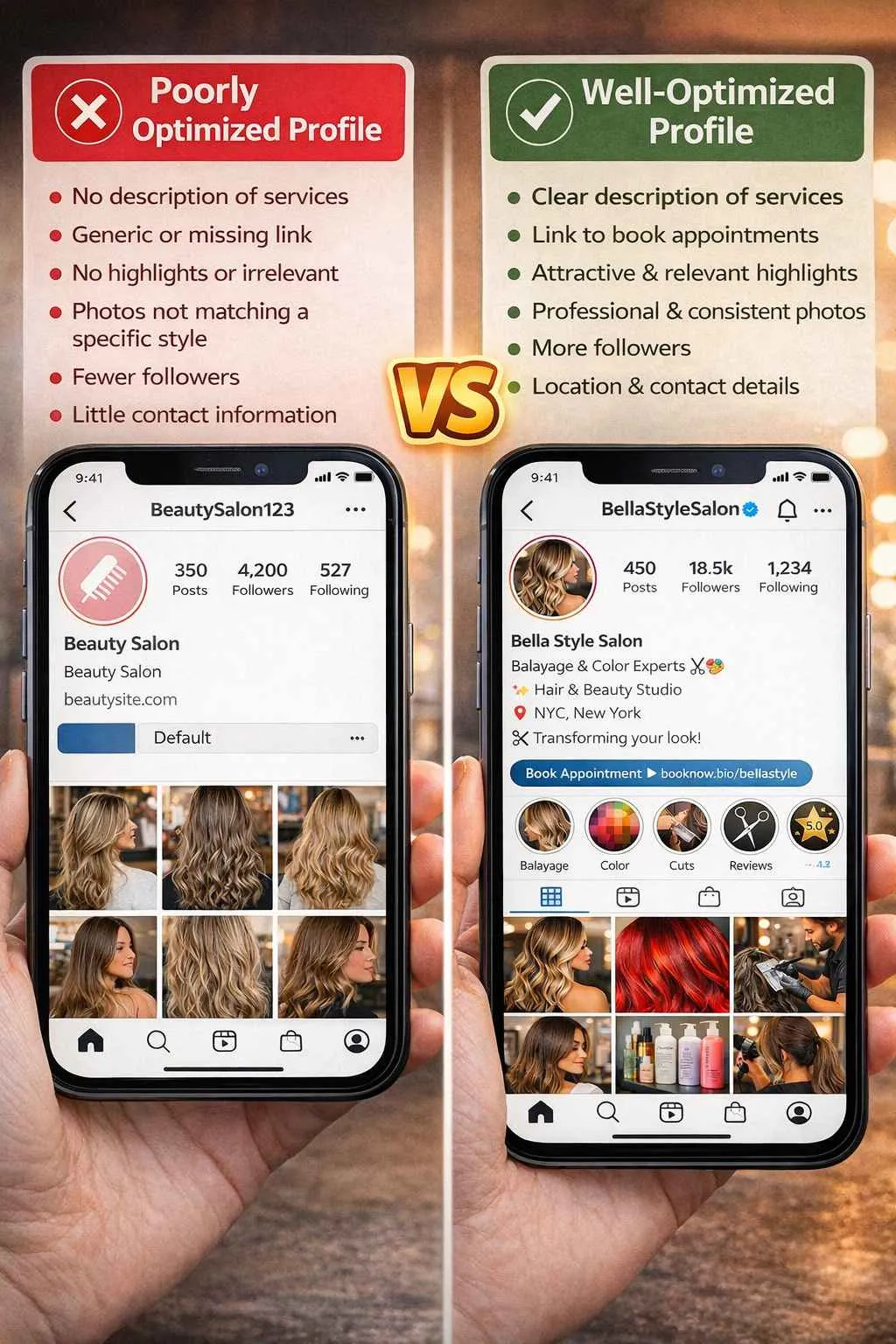 Comparison of hair salon Instagram profiles: a poorly optimized profile without clear information or booking link versus a well-optimized profile with services, location, highlights, and an online appointment booking link.