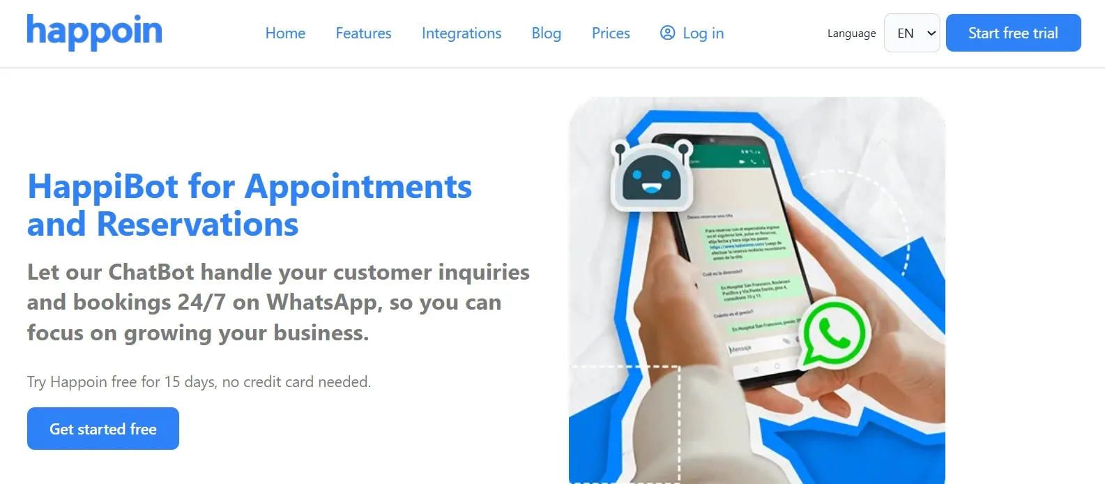 Web page image for whatsapp chatbot HappiBot for Happoin