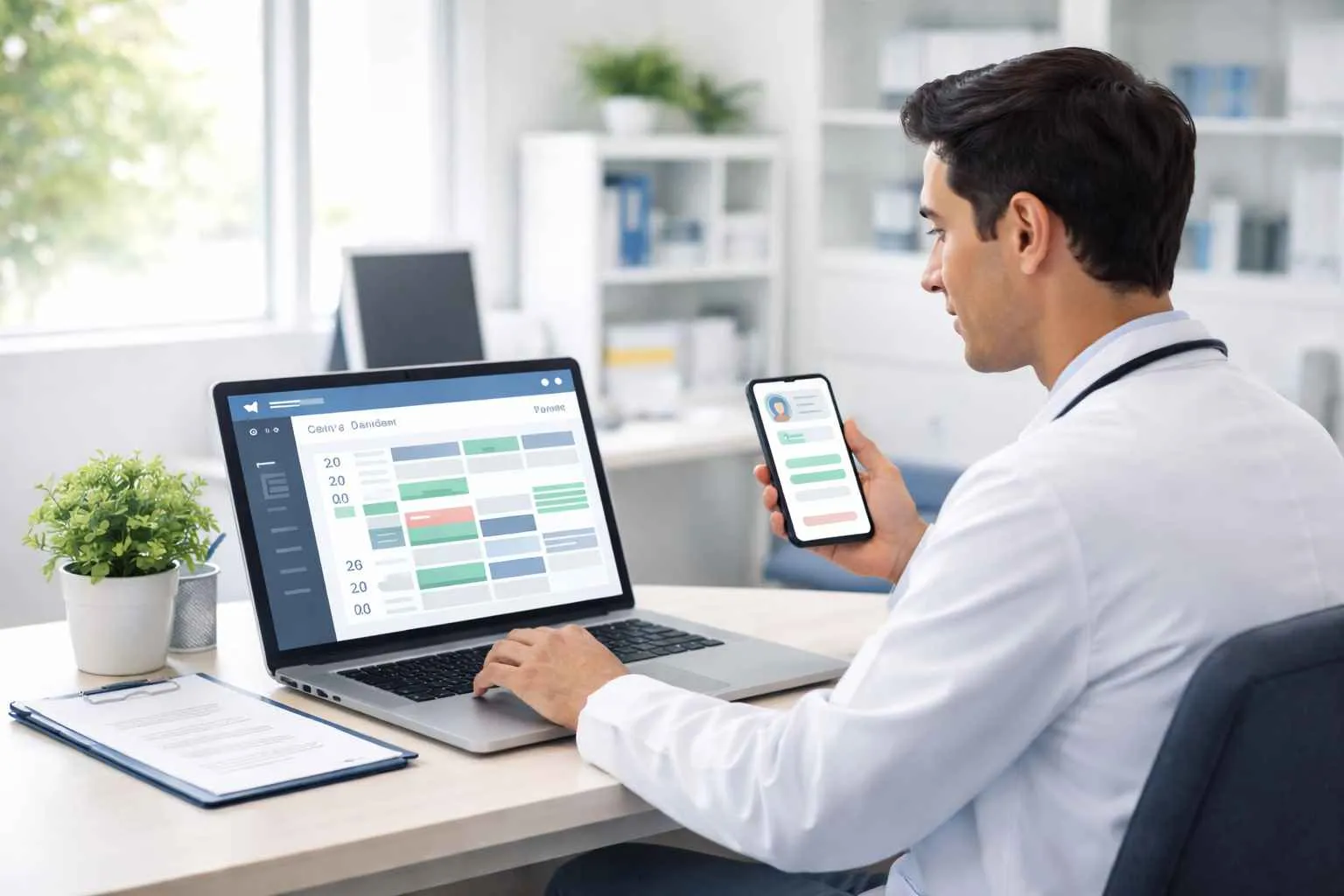 Doctor reviewing and managing medical appointments using scheduling software on a laptop and smartphone in a modern clinic