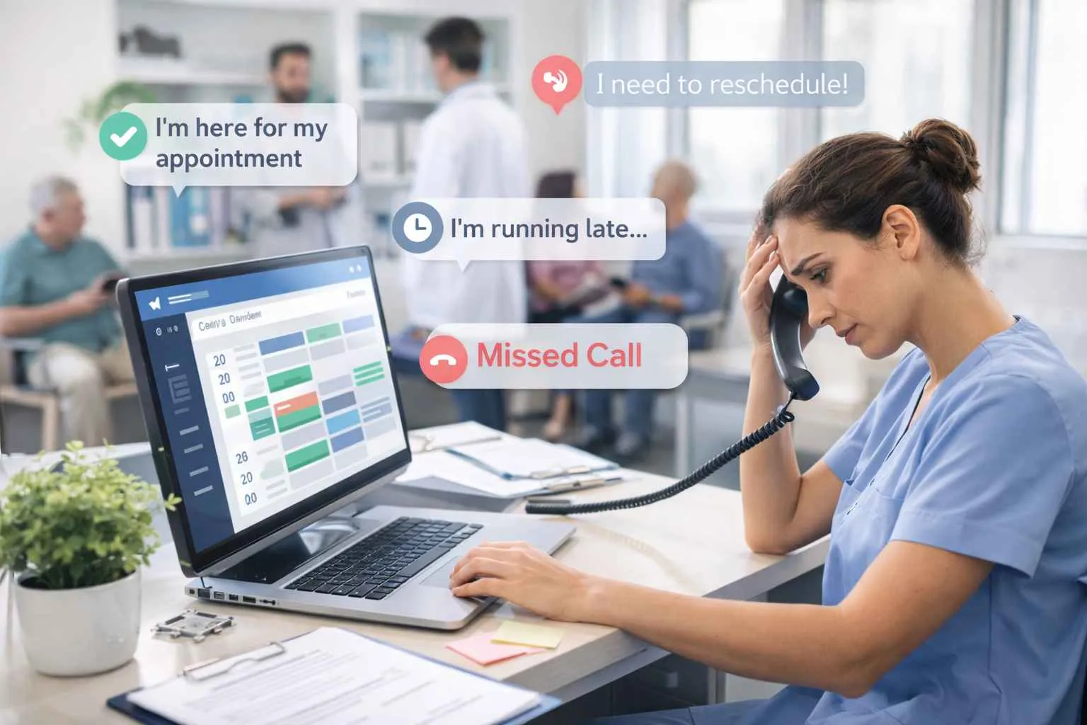 Recepcionista m&eacute;dica estresada gestionando m&uacute;ltiples llamadas y citas desde una computadora en una cl&iacute;nica m&eacute;dica concurrida