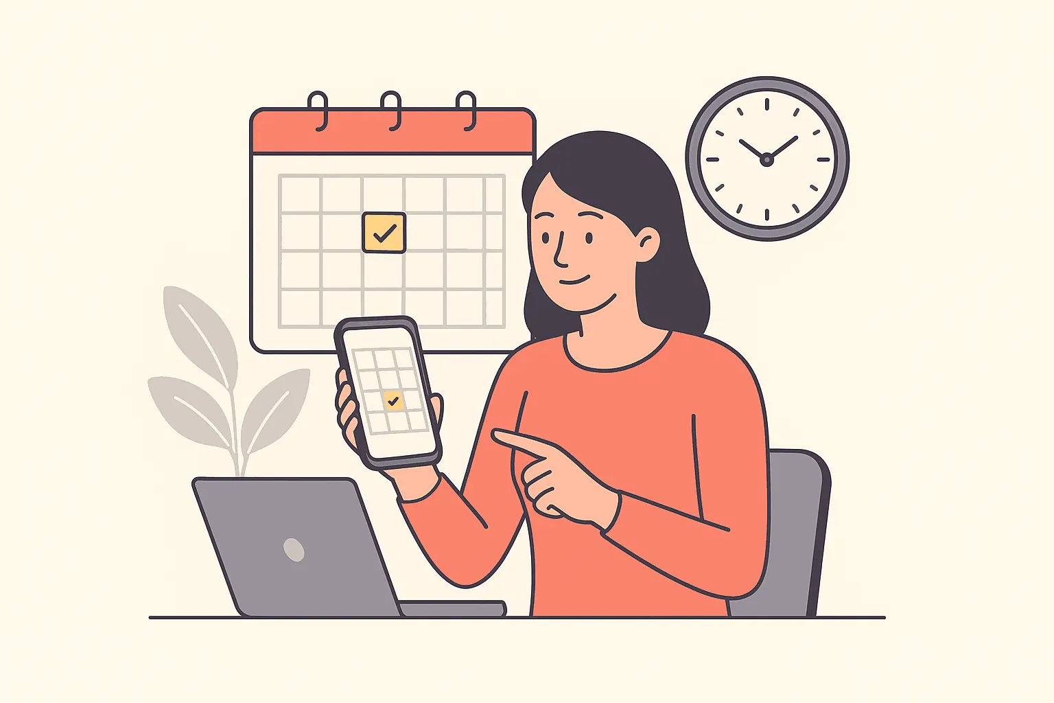 An illustration of a person managing appointments from a computer and a mobile phone, representing an automated appointment scheduling software.