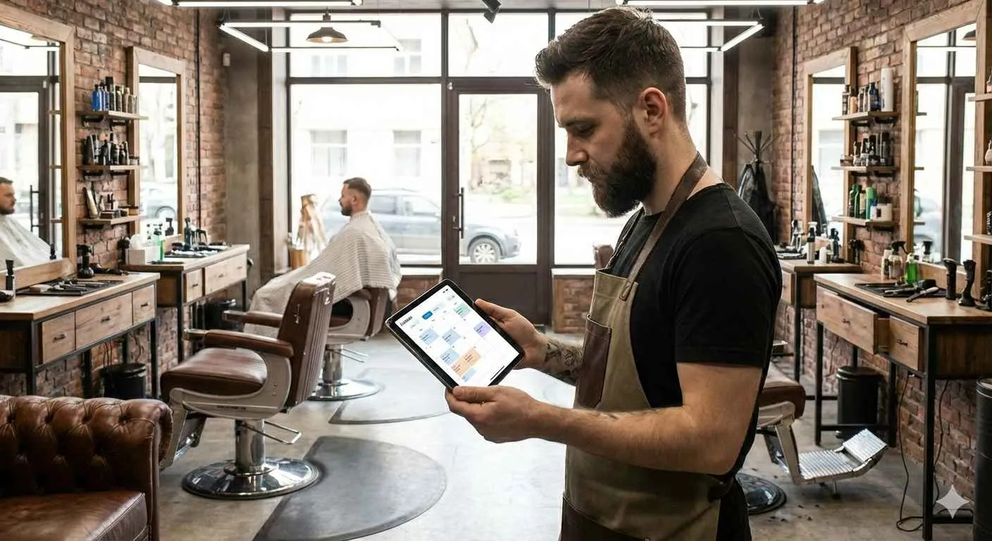 Barbershop owner reviewing an organized digital schedule on a tablet inside his business, conveying control and efficient management.
