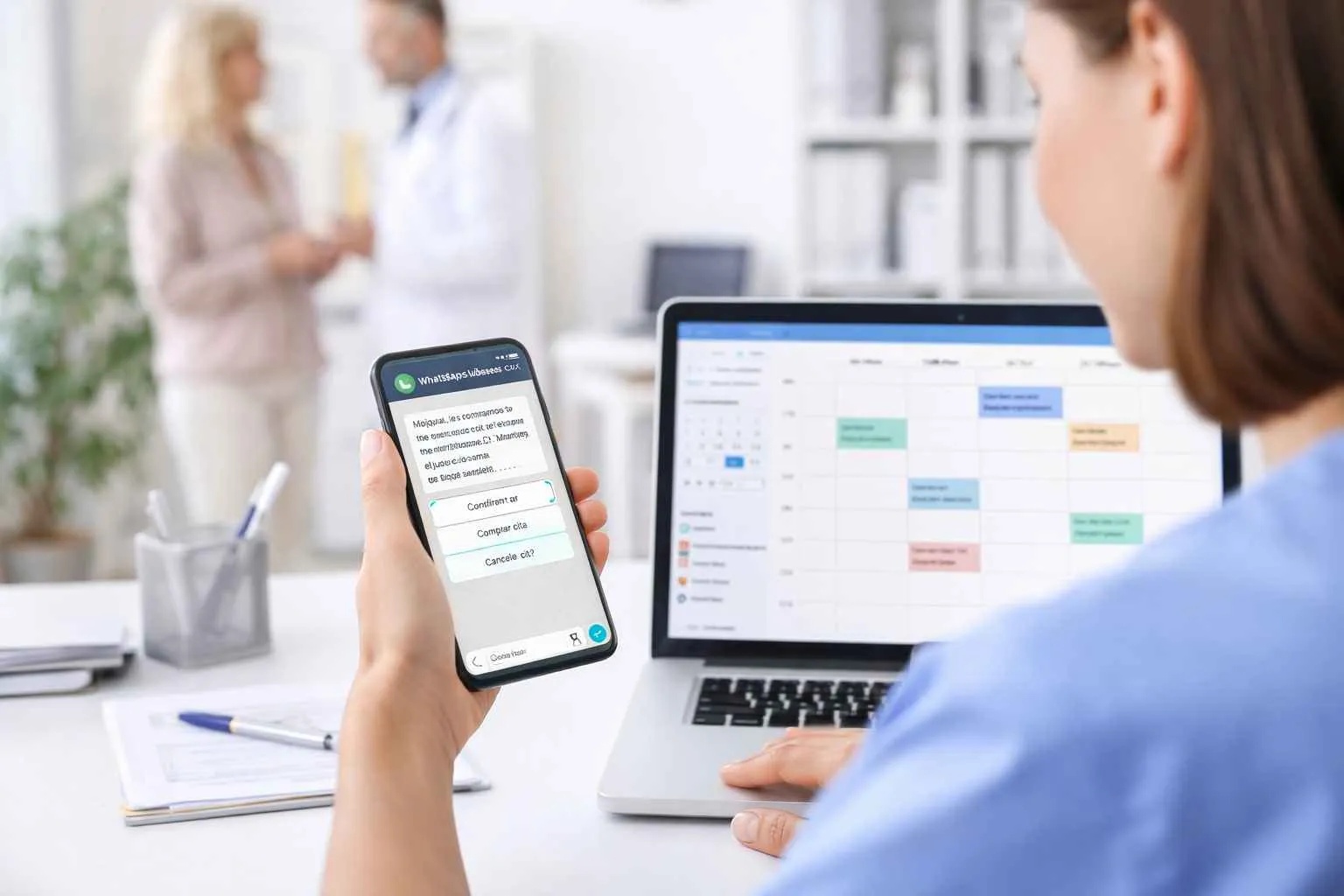 Healthcare staff using WhatsApp to confirm appointments while reviewing a digital scheduling calendar on a laptop.