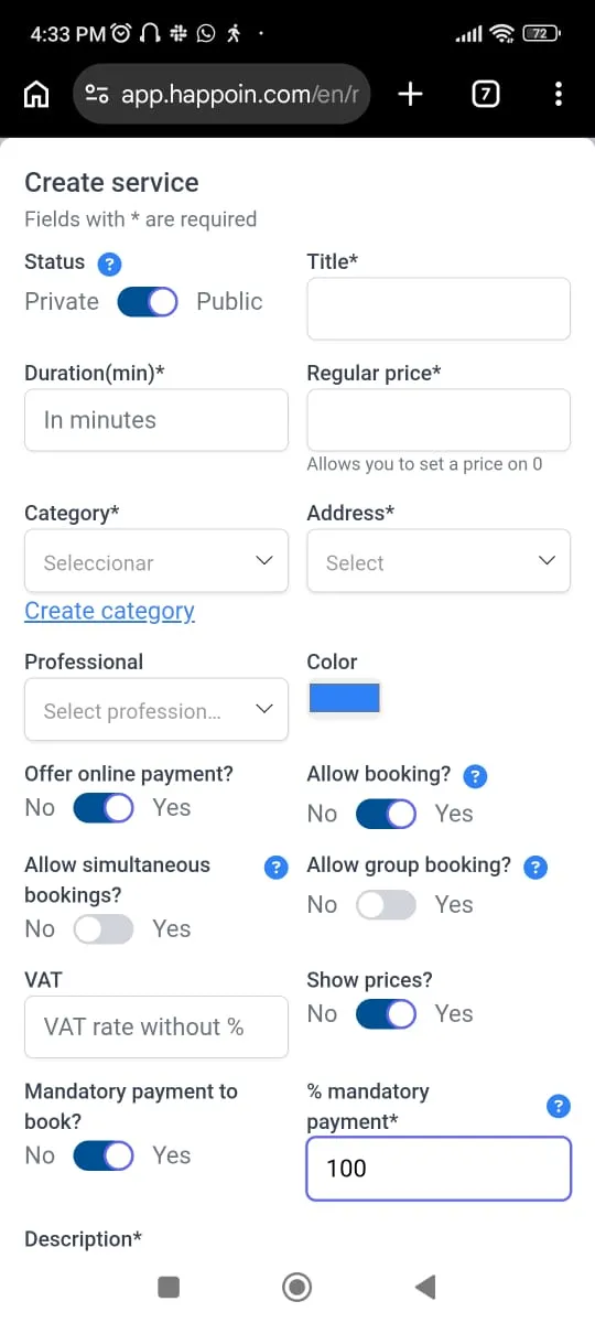 Image indicating the fields you must enable if you offer advance payment when booking appointments through your booking link in Happoin.