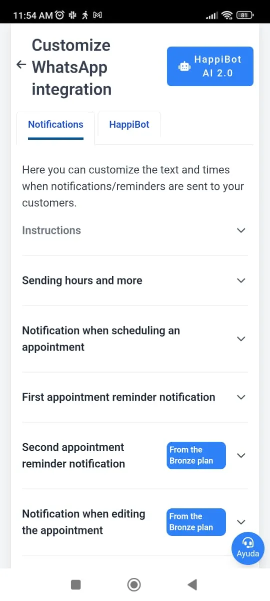 Image of the list of WhatsApp notification types offered by Happoin that can be customized.