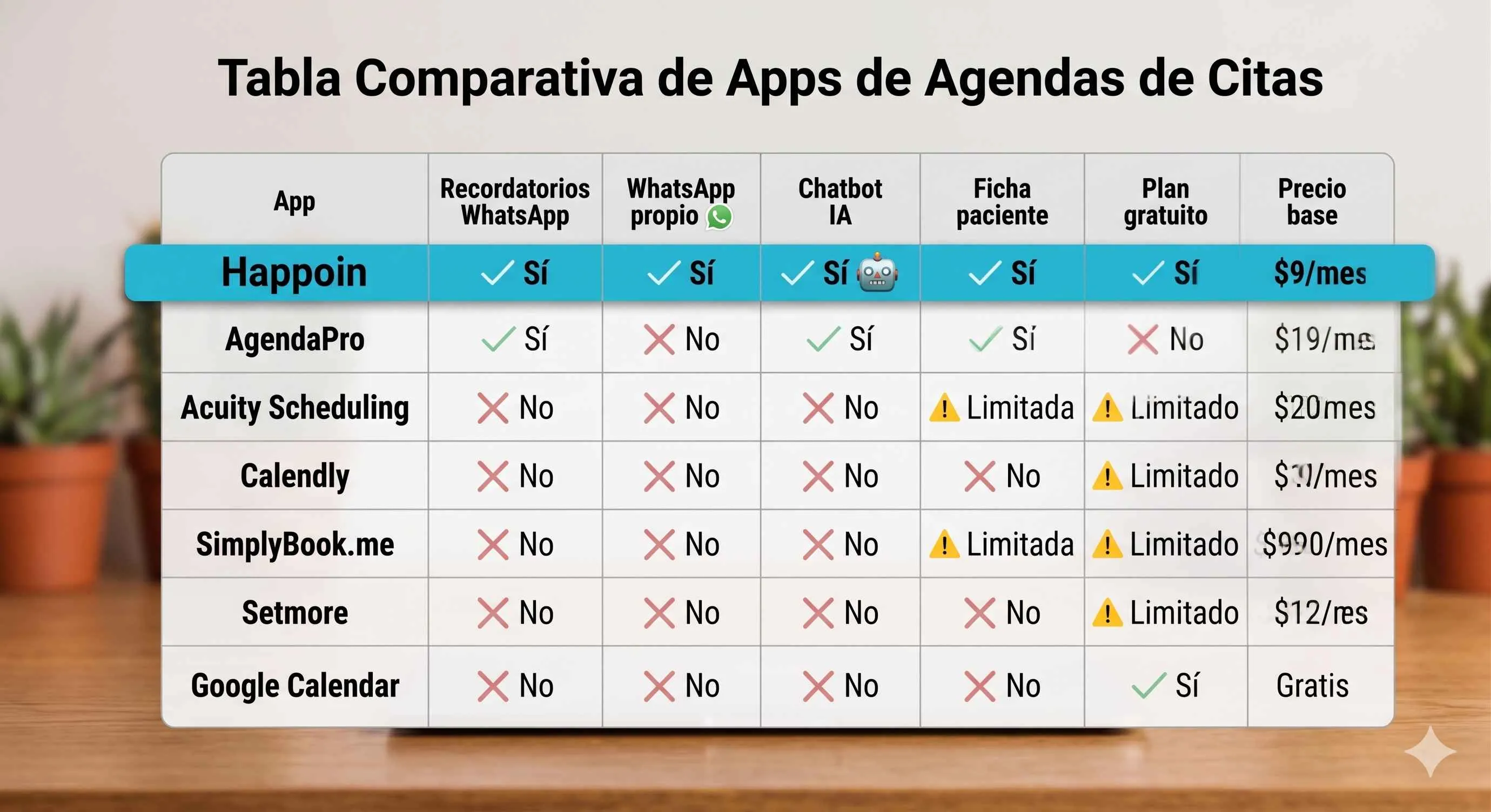 Tabla comparativa de 7 aplicaciones para agendar citas para psic&oacute;logos con 6 columnas con sus caracteristicas