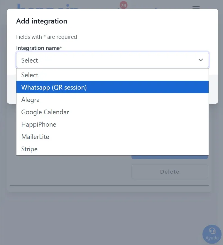 Image of the available integration options in Happoin, showing the option to select WhatsApp integration.