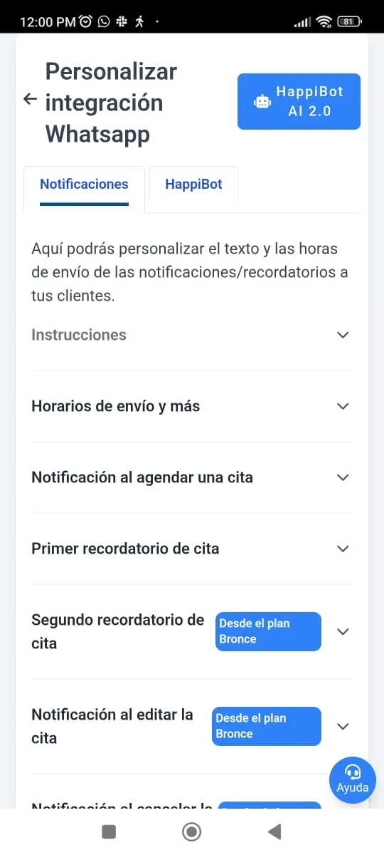 Listado de tipos de notificaciones automaticas disponibles con la vinculaci&oacute;n de WhatsApp en Happoin
