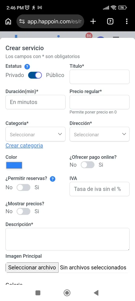 Imagen de los campos que se deben completar para crear servicios en Happoin y configurar enlace de reserva para clientes