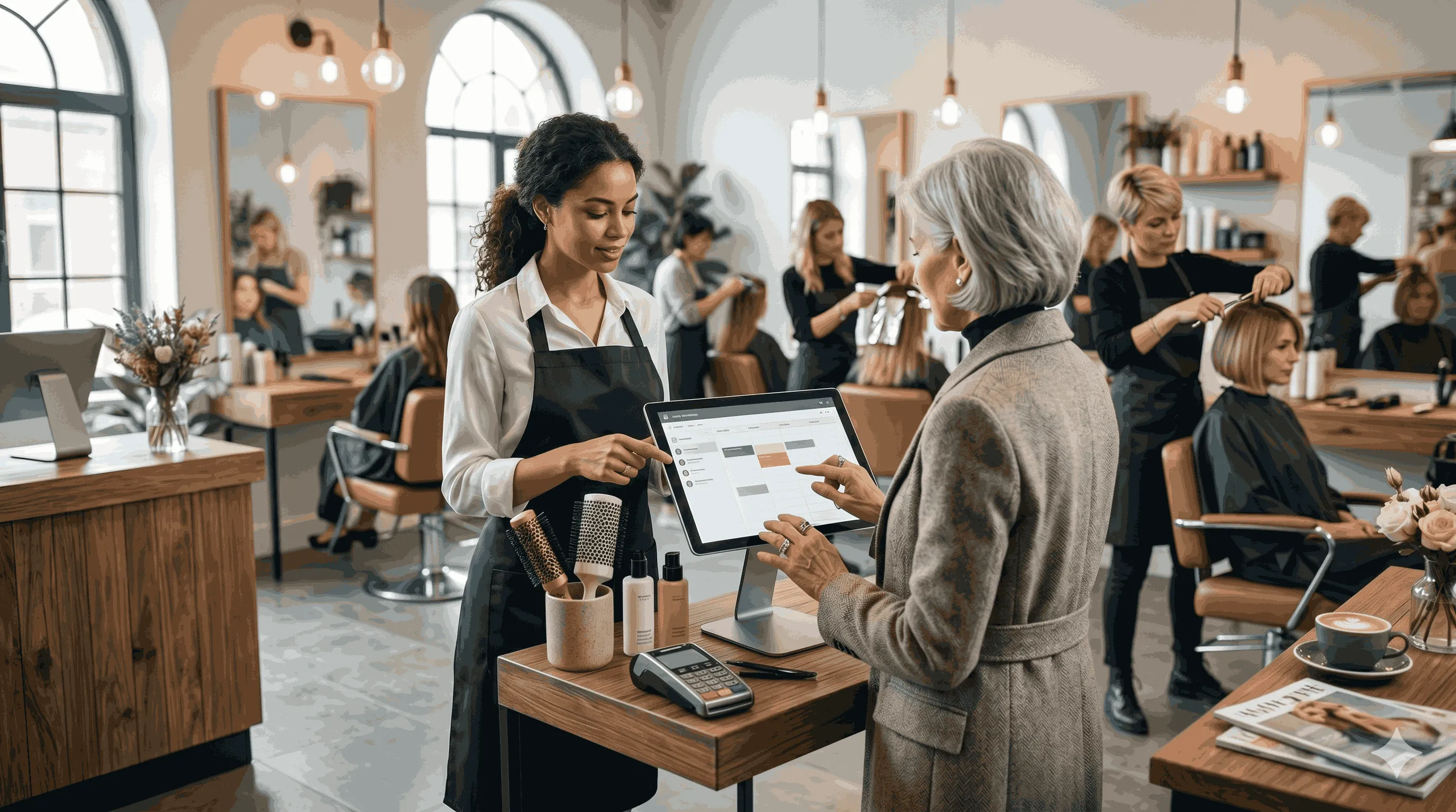 Un peluquero y un cliente mirando una tableta en un sal&oacute;n de peluquer&iacute;a moderno.