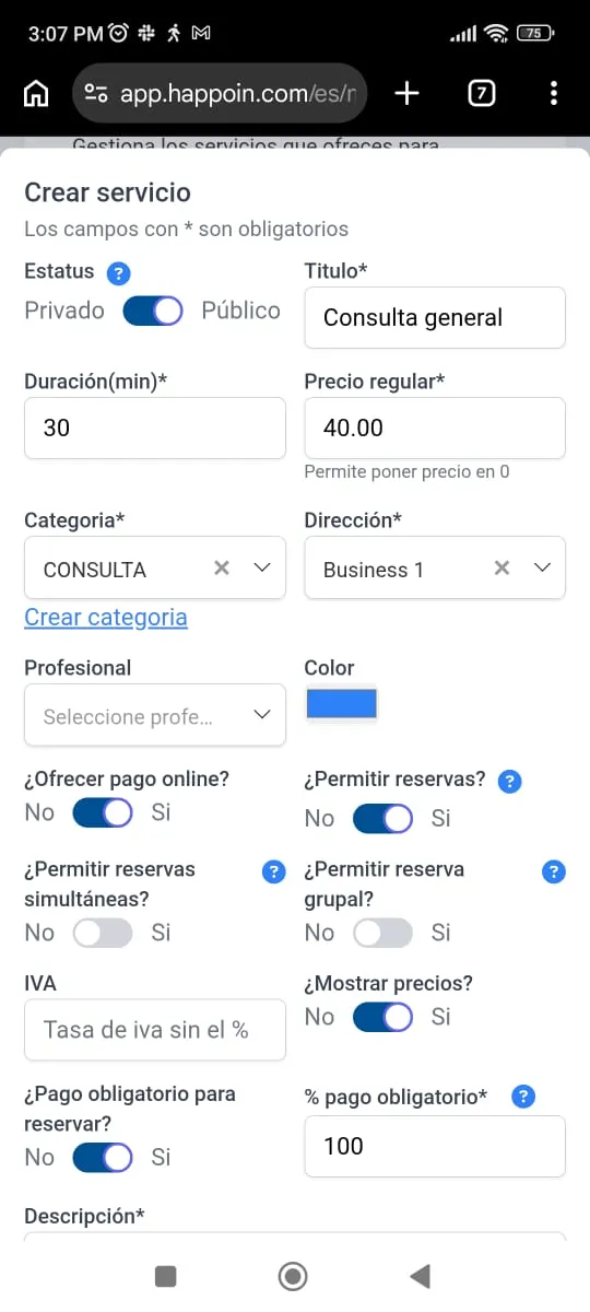Imagen indicando los campos que debes activar si ofrecer pago por anticipado al momento de reservar citas en tu enlace de reserva en Happoin