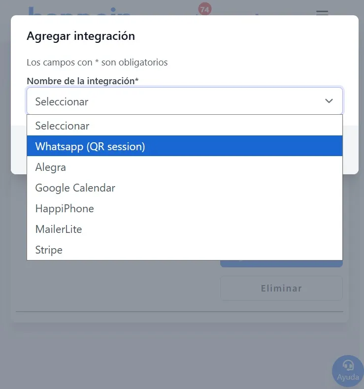 Captura de imagen de la busqueda de la integracion de WhatsApp en la plataforma de Happoin