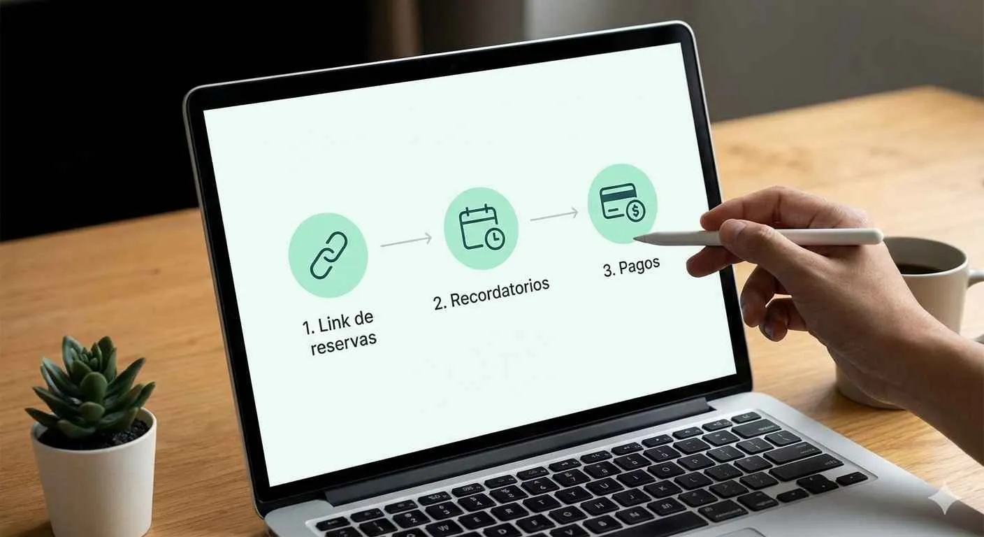 Una computadora port&aacute;til sobre un escritorio de madera que muestra un diagrama de flujo con tres pasos para la automatizaci&oacute;n de un consultorio: link de reservas, recordatorios y pagos. Una mano utiliza un l&aacute;piz digital para se&ntilde;alar la pantalla en un ambiente profesional y luminoso.